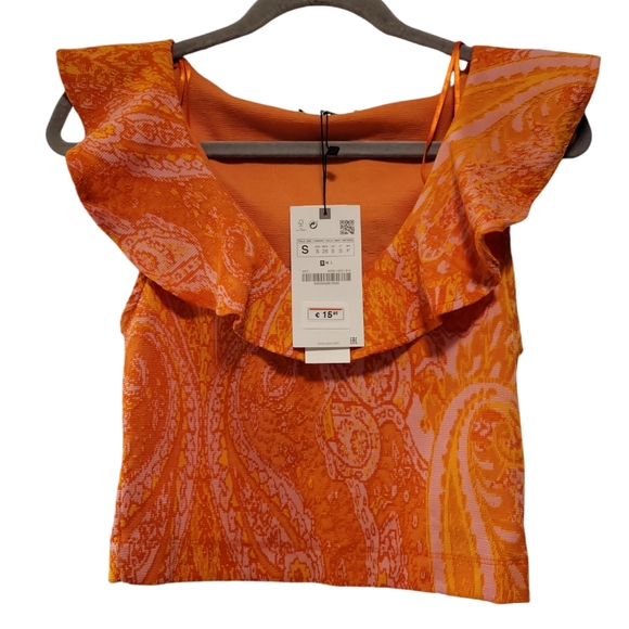 Zara, NWT, Paisley Ruffle Crop Top, V-Neck, Orange & Pink, Stretchy,Women's sz S - Picture 1 of 4